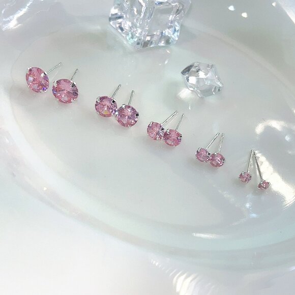 3/$35 Sterling Silver 4mm Pink Ear Studs Earrings Cubic Zirconia Diamond - Picture 4 of 7